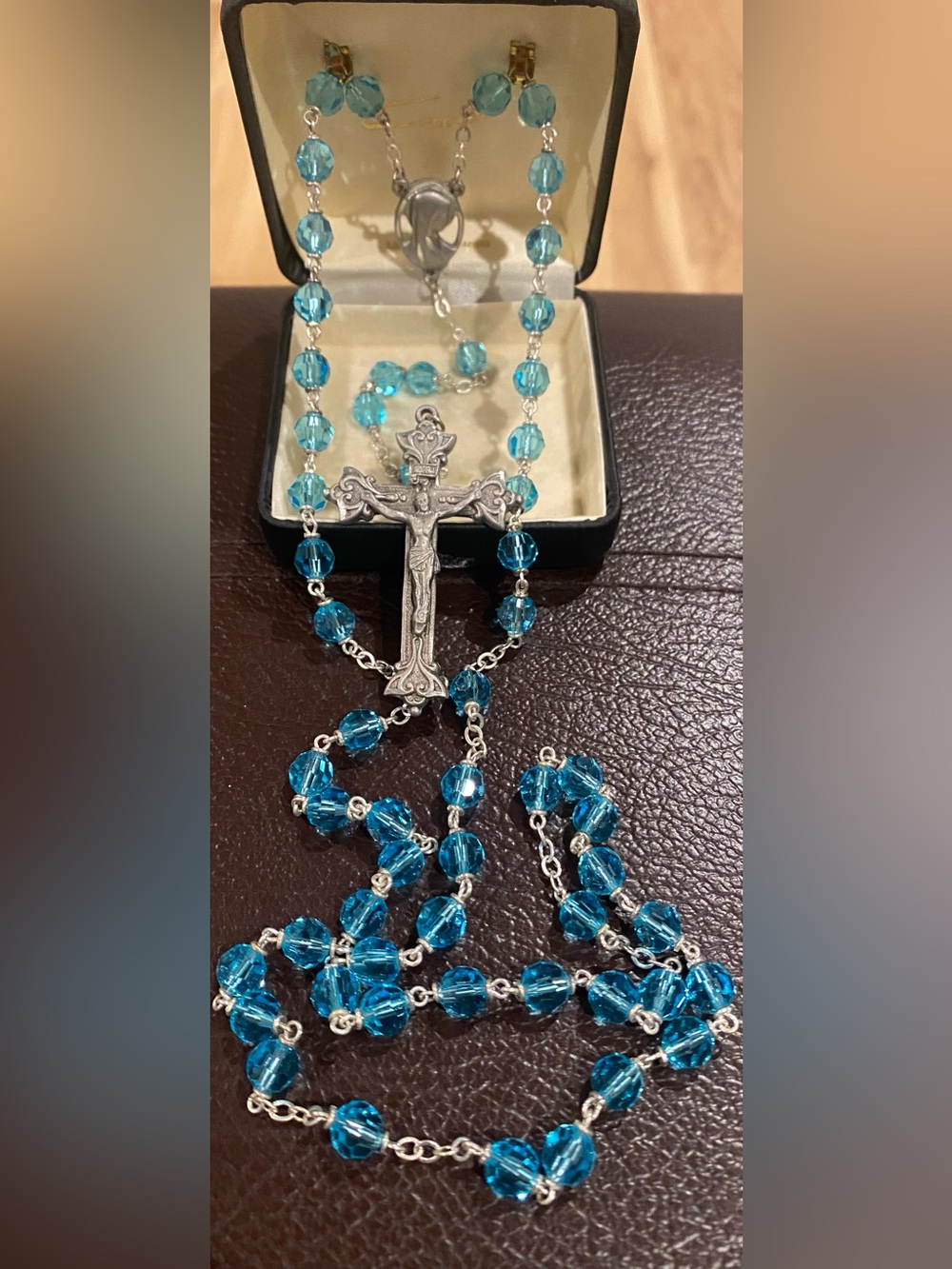 Turquoise Blue Rosary Necklace with Silver tone Crucifix and chain. Gorgeous